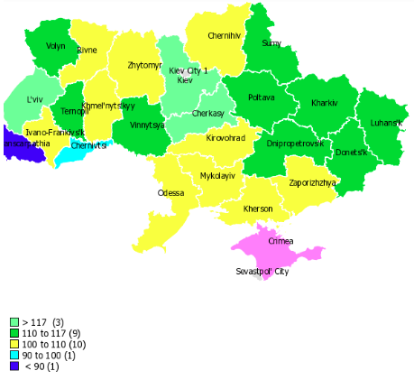 Мапа областей України за середнім балом ЗНО