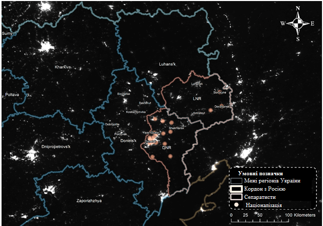 Освітленість у Східній Україні та на територіях міст.
